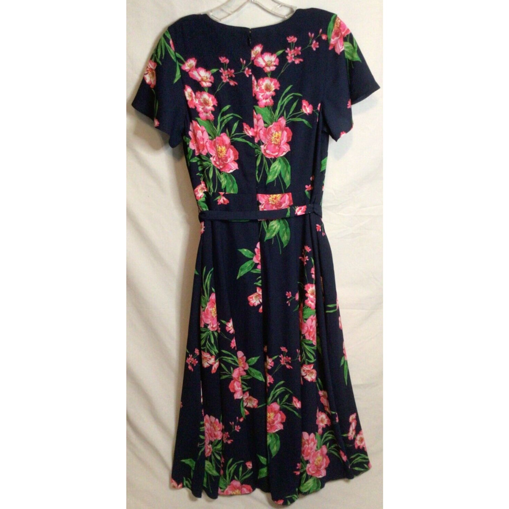 New TALBOTS Size 4 Dress Navy Blue Floral Print Tie Waist A Line V Neck Buttons - Picture 2 of 5